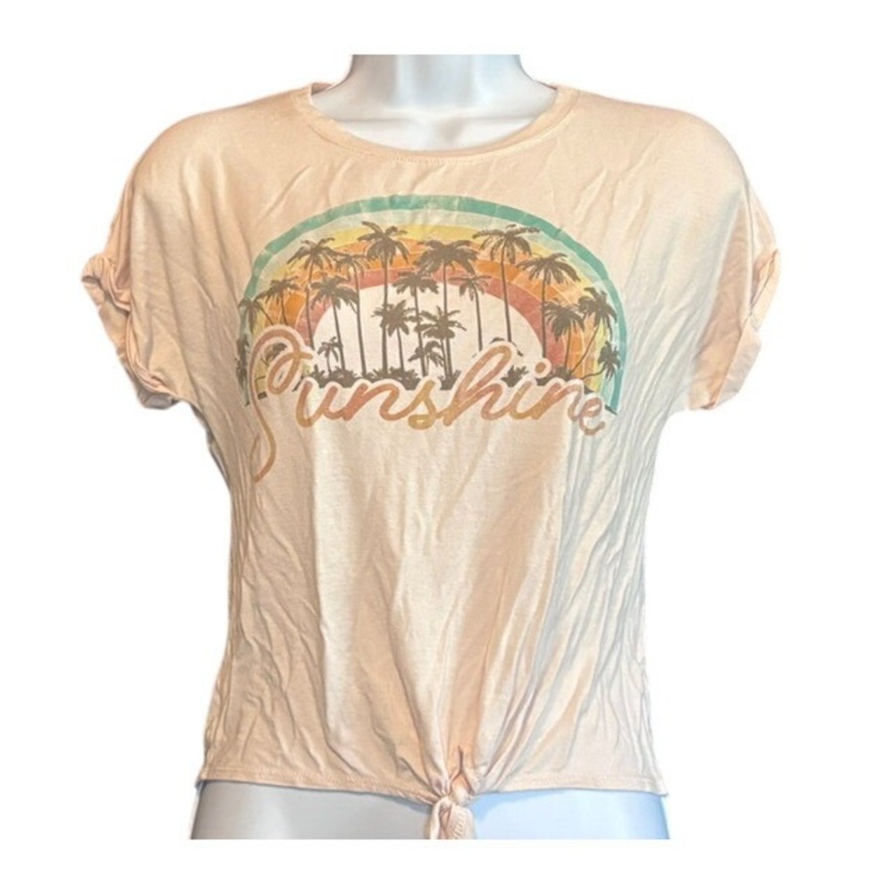 Sunset‎ West Sunshine Graphic Tee Women Pink Palm Tree Rainbow Front Tie Tee L